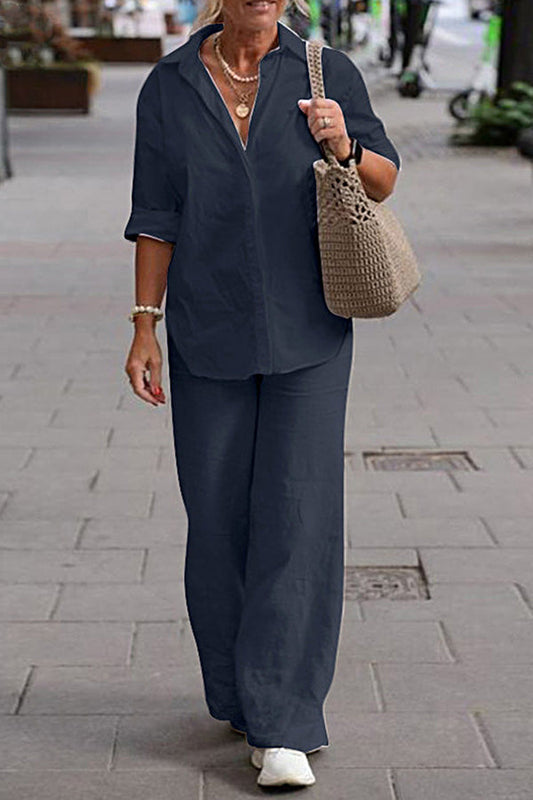 LP | Set di due pezzi Camicia con risvolto e manica lunga Pantaloni casual unicolore a gamba larga Abito