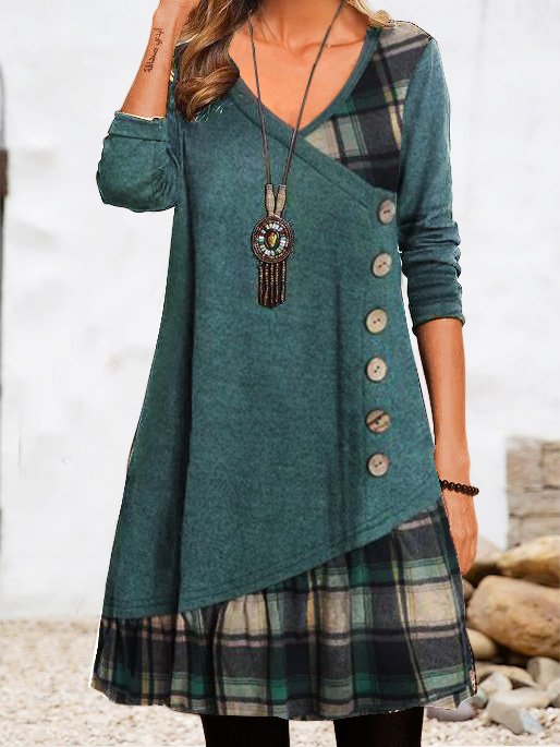 LP | Vestito midi abbottonato con maniche lunghe giornaliere casual e geometriche
