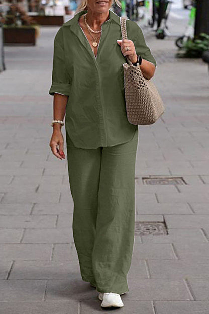 LP | Set di due pezzi Camicia con risvolto e manica lunga Pantaloni casual unicolore a gamba larga Abito