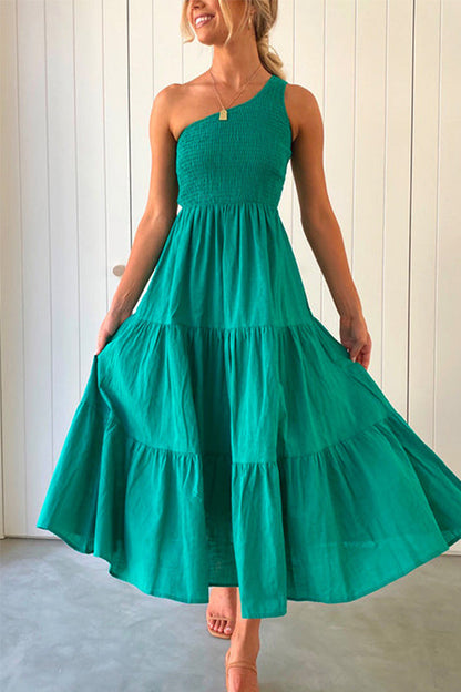LP | Maxi abito senza maniche, off-the-shoulder, con volant e rouches