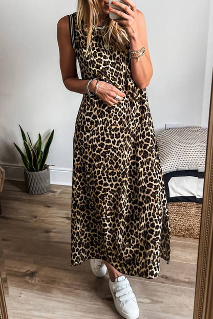 LP | Abito midi senza maniche a righe nere a contrasto con stampa leopardo