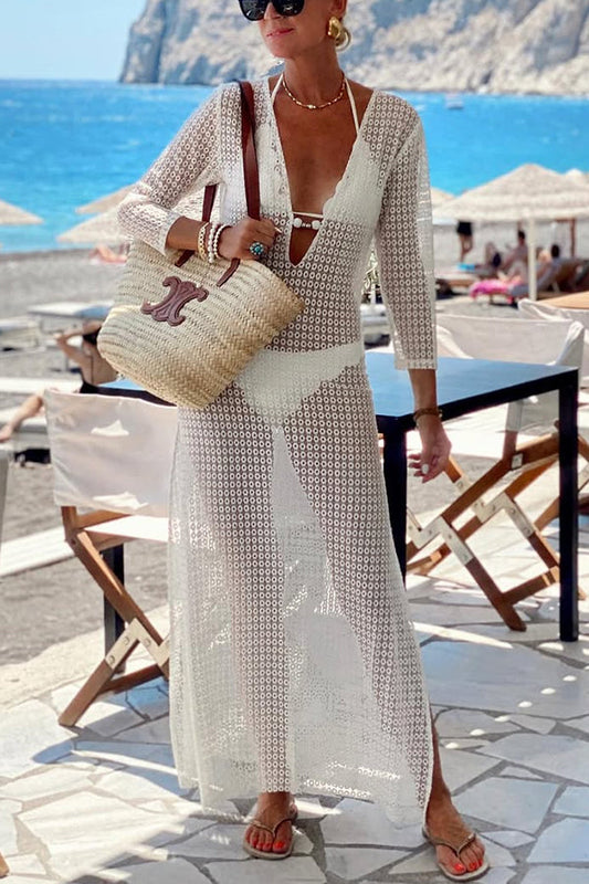 LP | Beach Life Maxi abito da vacanza in pizzo all'uncinetto con scollo a U e mezze maniche