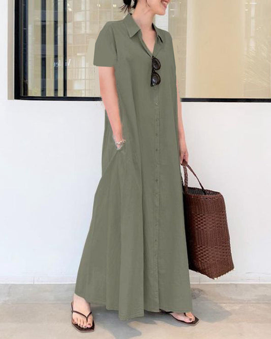 LP | Vestito da spiaggia allentato casual a manica corta Colore solido Temperamento allentato Vestito a camicia lunga