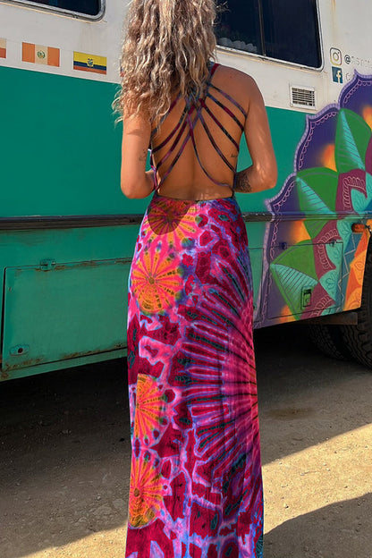 LP | La Bamba - maxi abito elasticizzato con stampa tie-dye e allacciatura posteriore