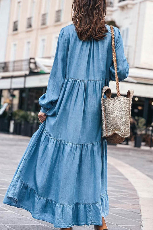 LP | Maxi abito a maniche lunghe in denim con scollo a V e balze
