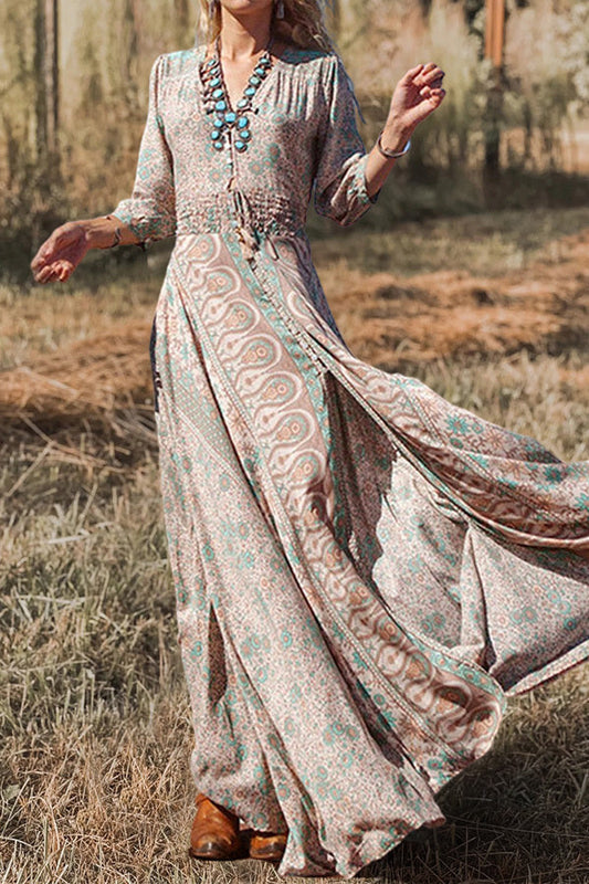LP | Bellissimo maxi abito stampato a maniche lunghe con scollo a V