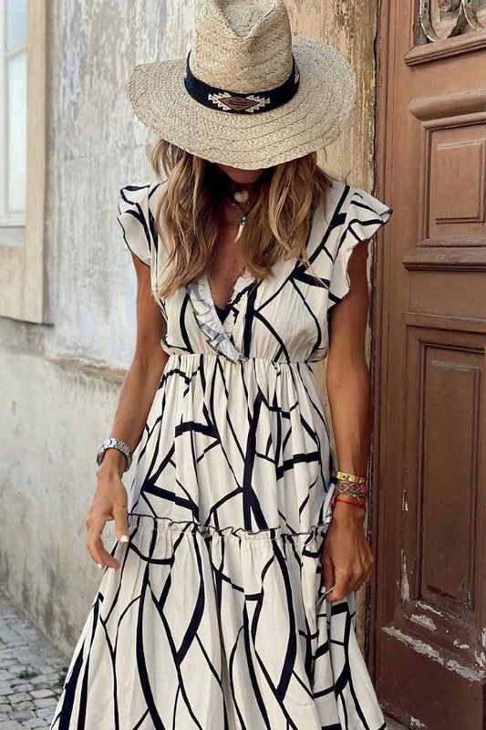 LP | Abito midi con scollo a V e volant con stampa geometrica