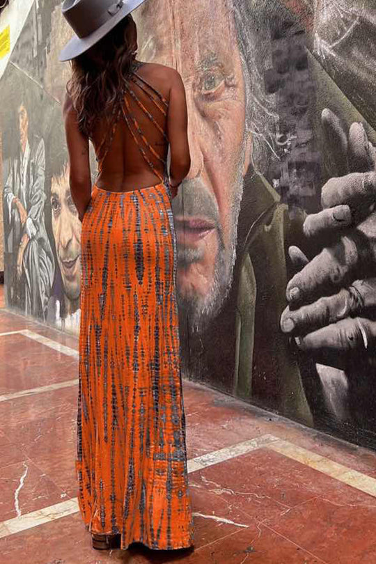 LP | Modern Day - Maxi abito elasticizzato con stampa tie-dye e allacciatura posteriore