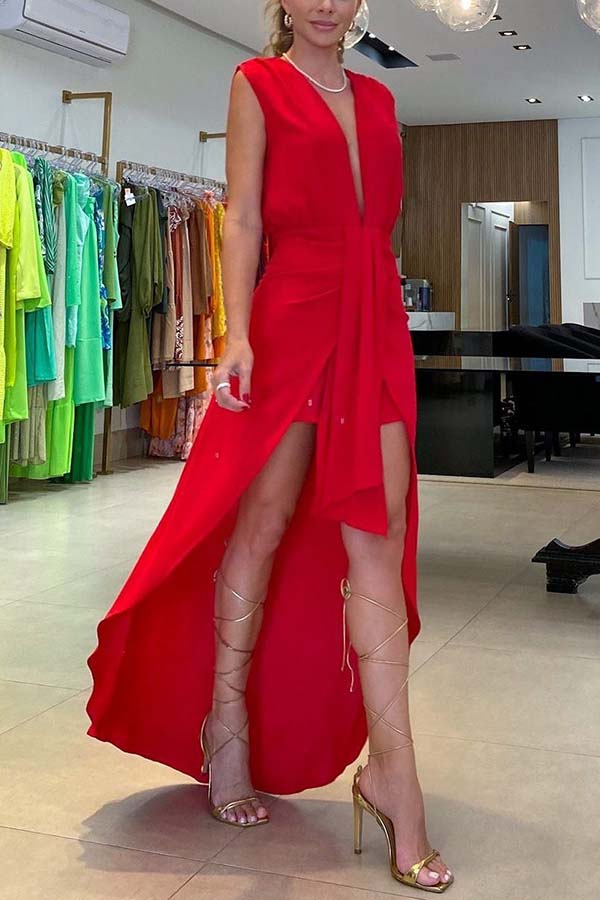 LP | Allure - Vestito maxi con scollo a V alto e basso, con scollo a V e scollatura a V