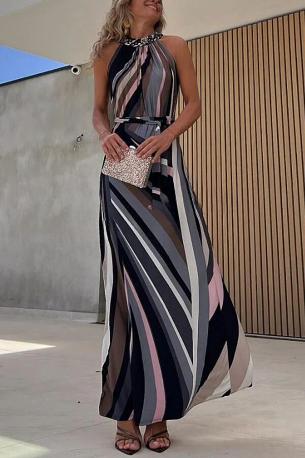 LP | Eleganza fluida Linee colorate Cintura stampata Maxi abito Halter