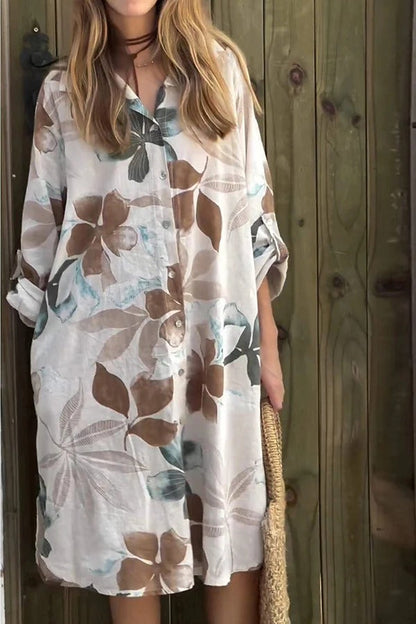 LP | Stampa botanica Abito midi sciolto a maniche lunghe, monopetto, con tasche