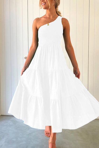 LP | Maxi abito senza maniche, off-the-shoulder, con volant e rouches