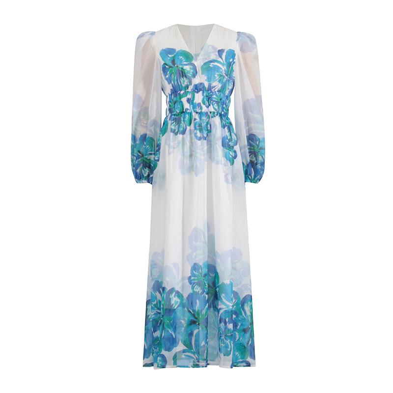 LP | Abito midi da donna - Scollo a V - Vita a rombi - Maniche lunghe - Vestibilità leggera ed elegante