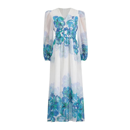 LP | Abito midi da donna - Scollo a V - Vita a rombi - Maniche lunghe - Vestibilità leggera ed elegante