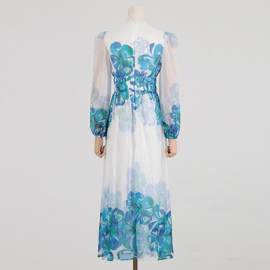 LP | Abito midi da donna - Scollo a V - Vita a rombi - Maniche lunghe - Vestibilità leggera ed elegante