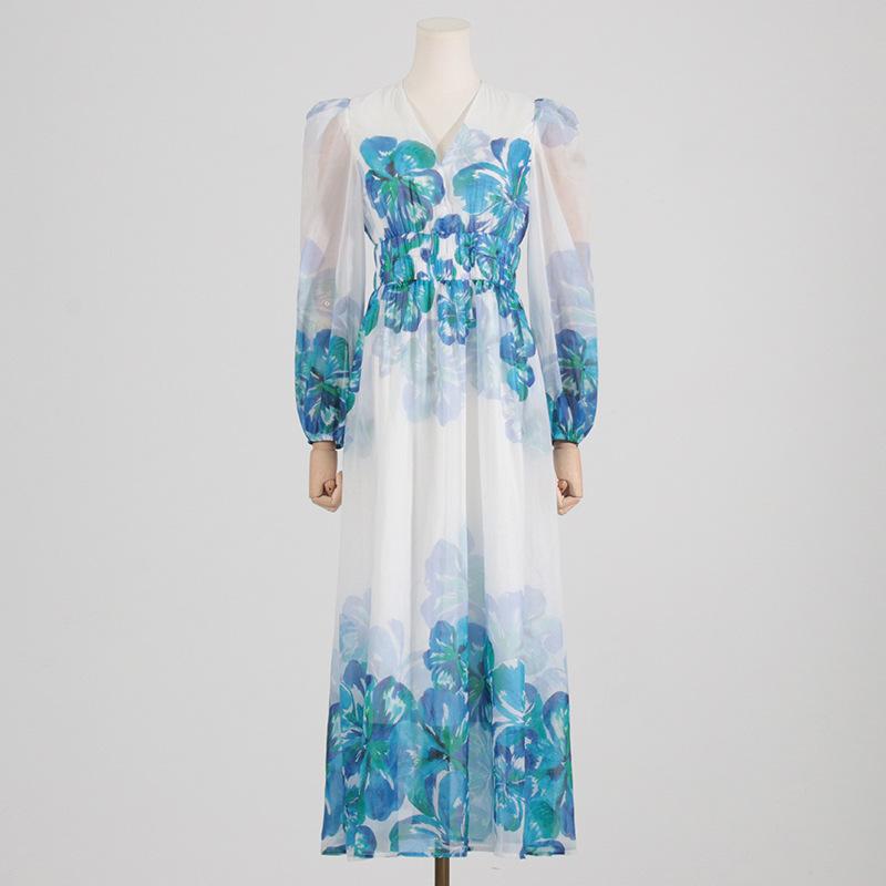 LP | Abito midi da donna - Scollo a V - Vita a rombi - Maniche lunghe - Vestibilità leggera ed elegante