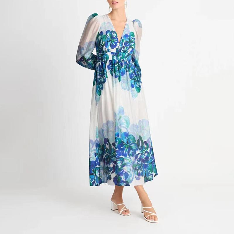 LP | Abito midi da donna - Scollo a V - Vita a rombi - Maniche lunghe - Vestibilità leggera ed elegante