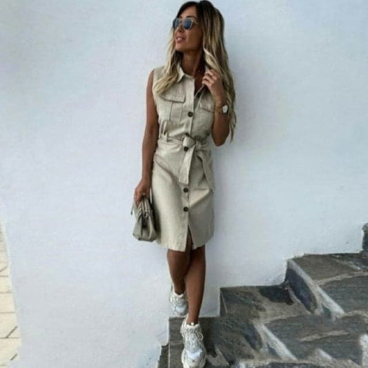 LP | donne vintage frontale pulsante fusciacca cappotto partito vestito senza maniche girare giù collare casual mini abito estate moda nuovo vestito