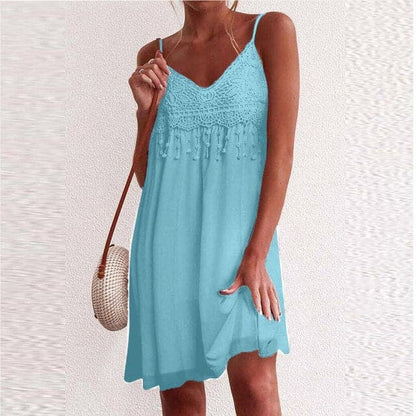 LP | Scollo a V, spalline aperte, pizzo bianco, senza maniche, sciolto, elegante, mini abito