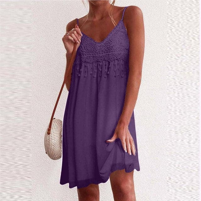 LP | Scollo a V, spalline aperte, pizzo bianco, senza maniche, sciolto, elegante, mini abito