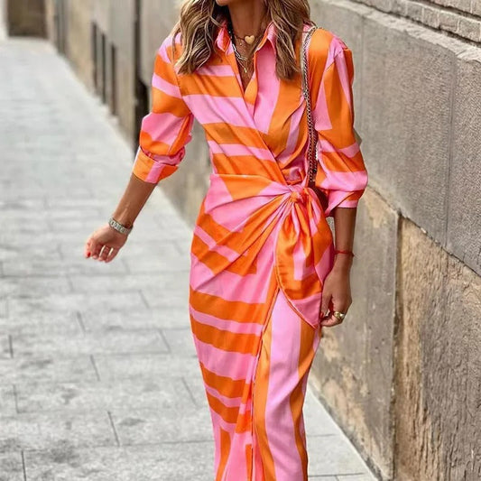 LP | Moda Abito midi a righe con scollo a V e allacciatura