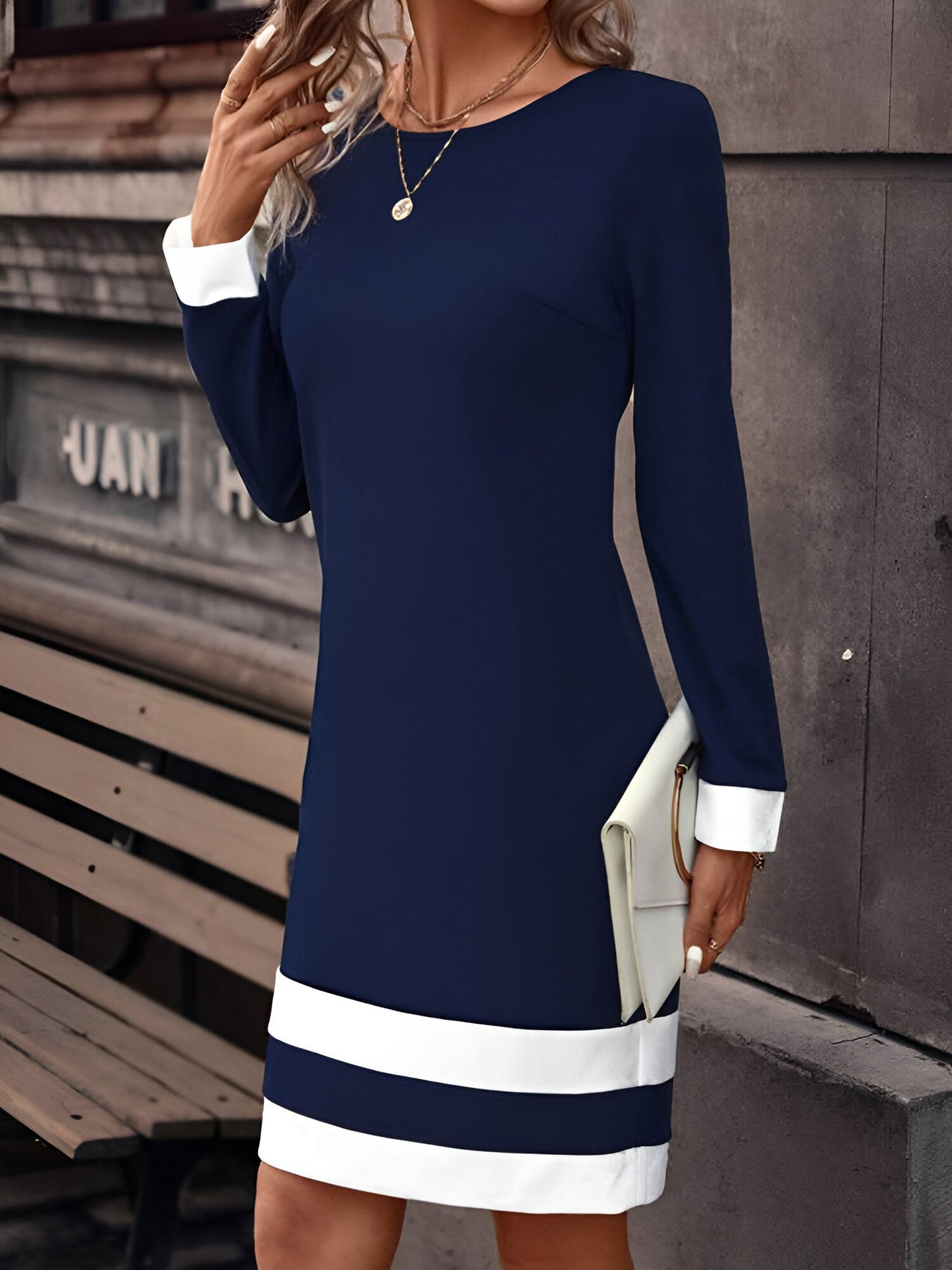 LP | Abito midi casual in maglia con scollo rotondo, spacco e maniche lunghe